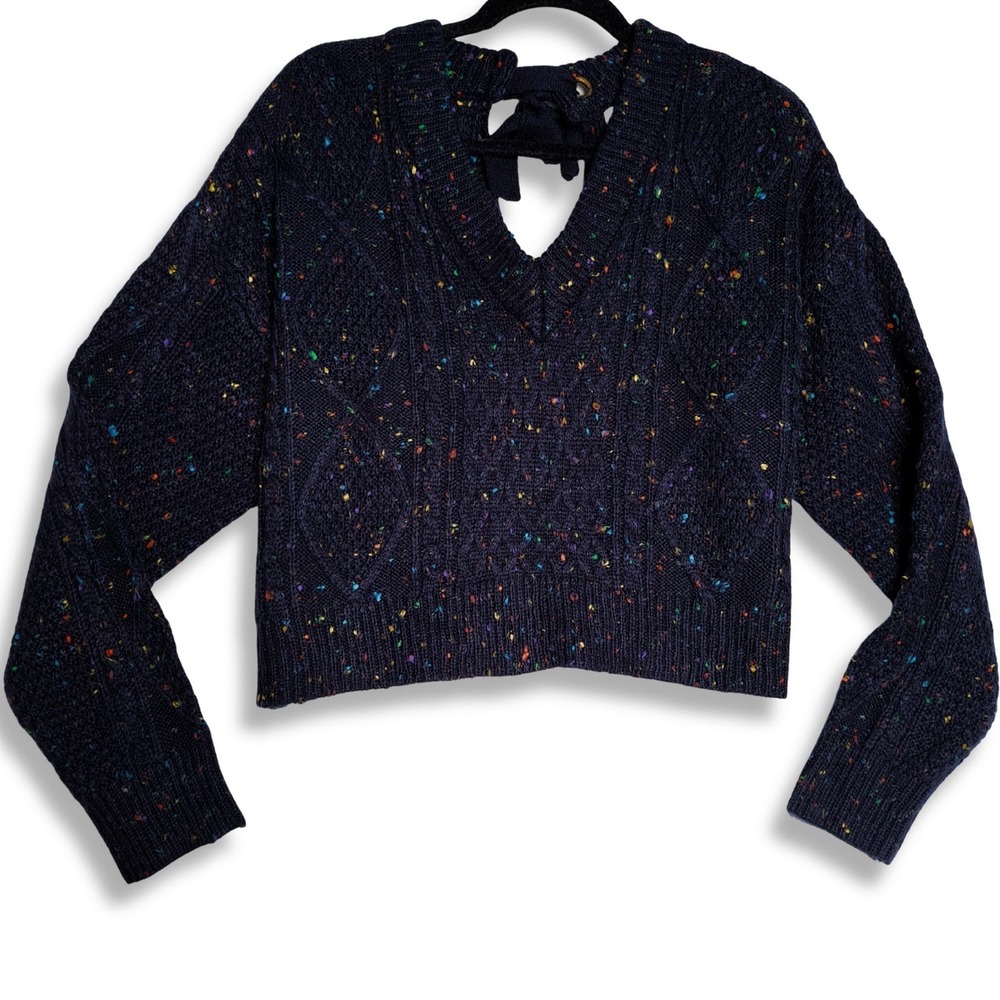 John + Jenn Sweater S Navy Rainbow Confetti Cable Knit Tie Open Back Grommet 914 - Picture 2 of 12